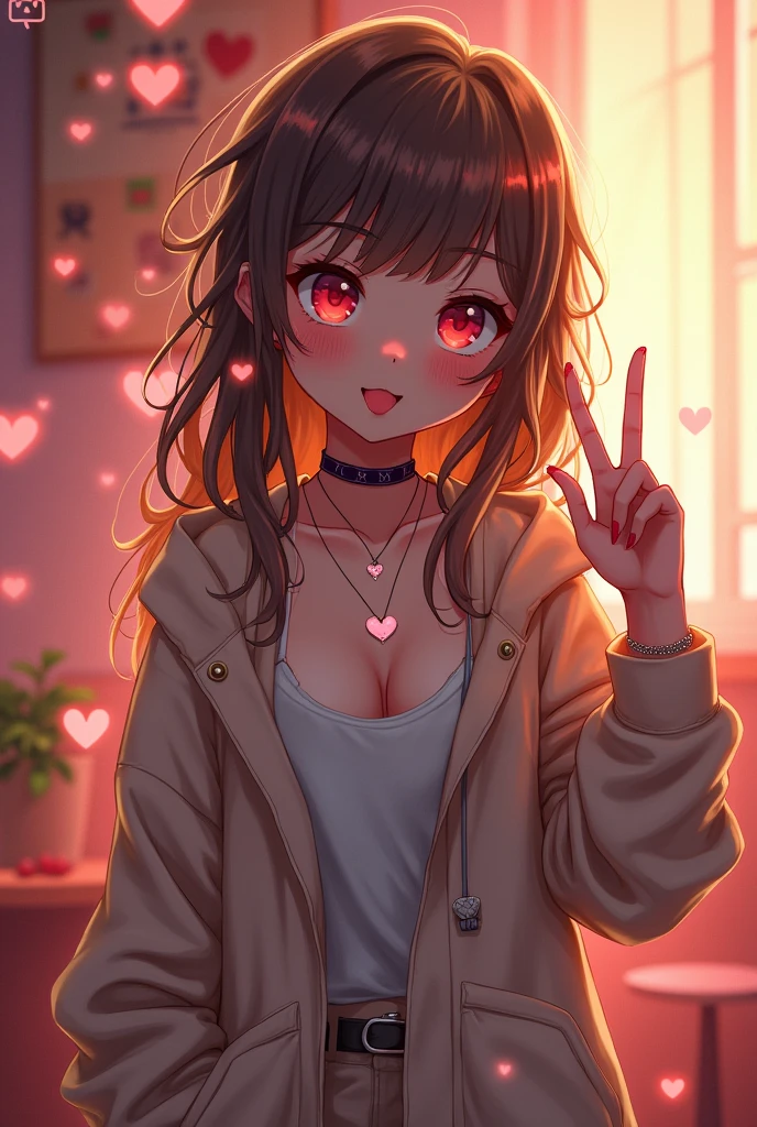cute anime character girl, hot sister, sticking tongue out, showing peace sign, bare breasts, messy wavy long hair, brown skin, heart-shaped pupils, choker with heart pendant, wearing loose baggy hip-hop fashion, attractive and seductive face, make-up, superlative body proportion, indoors, heart effects, 2.5D, delicate and dynamic, graphic CG digital art