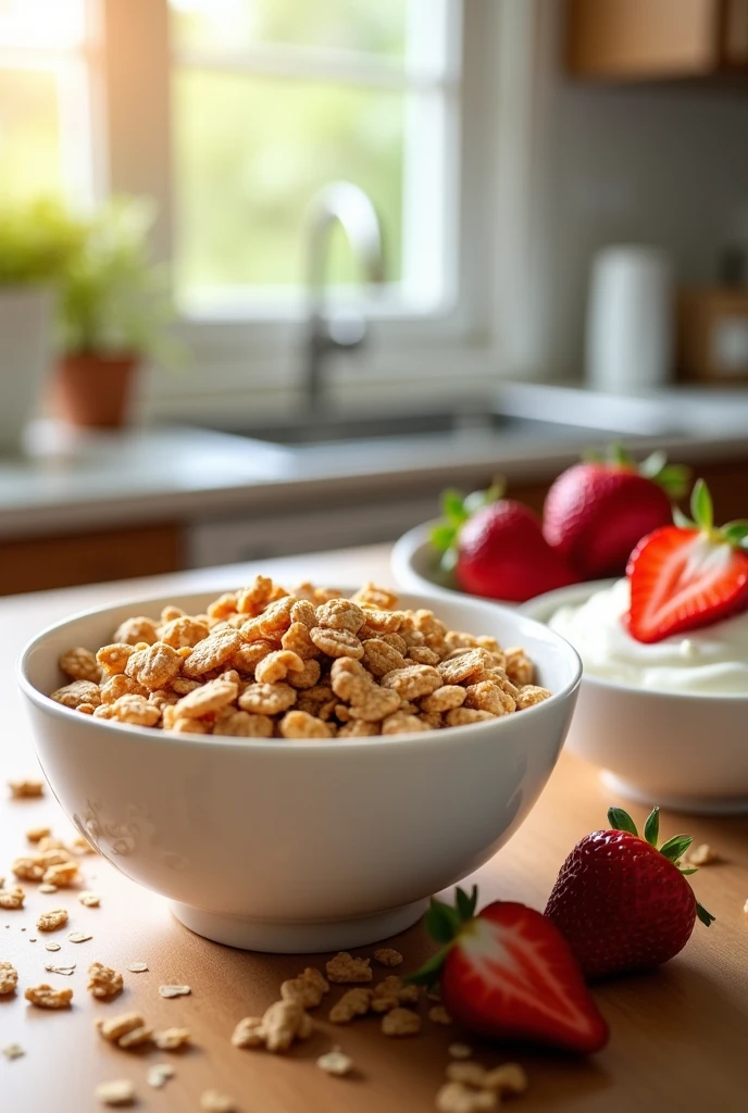 WHOLE GRAIN CEREAL WITH MILK AND LOW FAT YOGURT, And strawberries 
