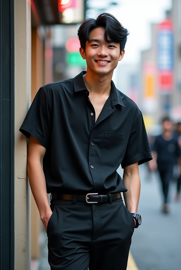 Handsome、One Japan Man,High resolution, 24-years-old、refreshing、A kind smile、Gaze, Korean mash center part karma perm nuance perm wolf hairstyle,Black Hair,Very detailed, Very detailed, Simple Background, Leaning against a wall on a street corner in Osaka、Face facing the camera,Role Model is、Sato Shori of timelesz, Big, wide eyes and double eyelids、A straight, high nose、 Clear and pretty lips、Beautiful egg-shaped outline、Long eyelashes、Childish and cute impression、Height: 175cm,Moderately muscular build,Dress in a monotone outfit、Black short sleeve open collar shirt with tapered black trousers