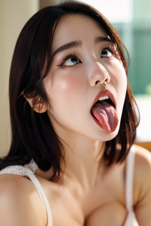 highres, masterpiece, perfect lighting, bloom, night, (cinematic:0.9) lighting, perfect skin, female, soft light, (looking at viewer:1.2),yangmi 
eyeliner,  realistic skin, ahegao face, very hory face expresion, realistic eyes, perfect detailed face,
realistic, (photorealistic:1.2),
sitting, 
mesh camisole, indoor, dusk, low light
small tongue,very long tongue out, licking lips, wide open mouth, ((big breasts))