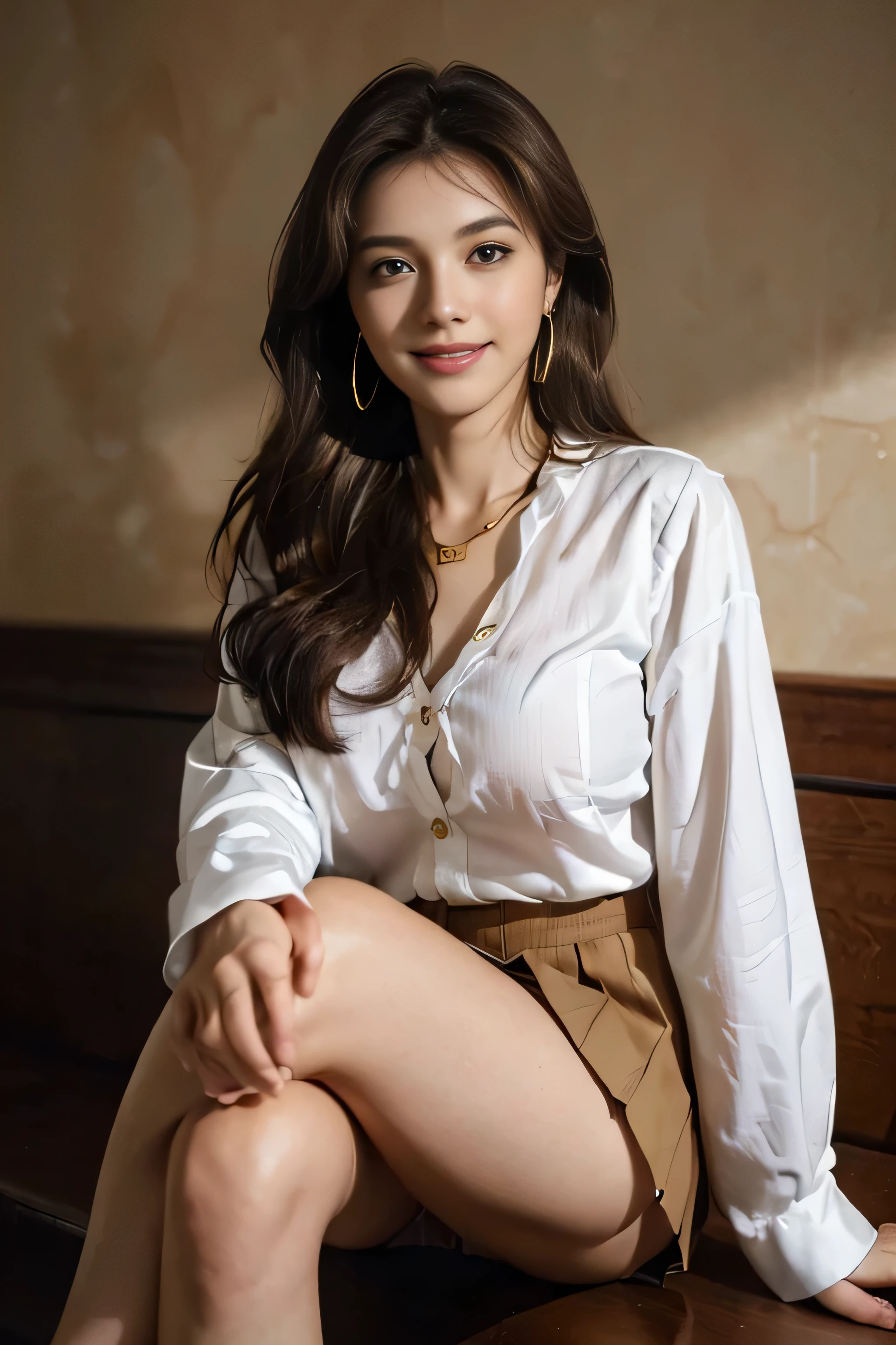 ((Beautiful girl:1.3)) Highest quality,masterpiece,Ultra-high resolution,(Realistic:1.4),RAW Photos,(Real skin texture:1.3),(Film Grain:1.3),Panorama,Portraits,Very wide shot,Tight waist,Cowboy Shot,(In the Dark, Deep Shadow, Modest, Cold Light,) night,(()),Tears flow,,Dust,Tyndall effect,(Performance),One person,Beautiful and detailed eyes and face,White Jabot,Brown eyes,((Brown Hair:1.2)) ((whole body:1.3)) ((smile:1.3))((Super long brown hair:1.2)),((Hair with loose waves inside:1.2)),((gold necklace_Large earrings:1.2)),((shy smile:1.3)),((mideum breasts:1.3)),,((full body portrait:1.4)),((In a crowded café at dusk:1.3))((Place your left hand gently on your chin,right hand holding chest:1.3)),((Sitting elegantly with crossed legs:1.5))((chest thrusting pose, chest bragging pose:1.4)), ((white long sleeve button up blouse,_brown pleated mini skirt,Put the shirt inside the skirt:1.3)), ((knees at 90 degrees:1.3)),