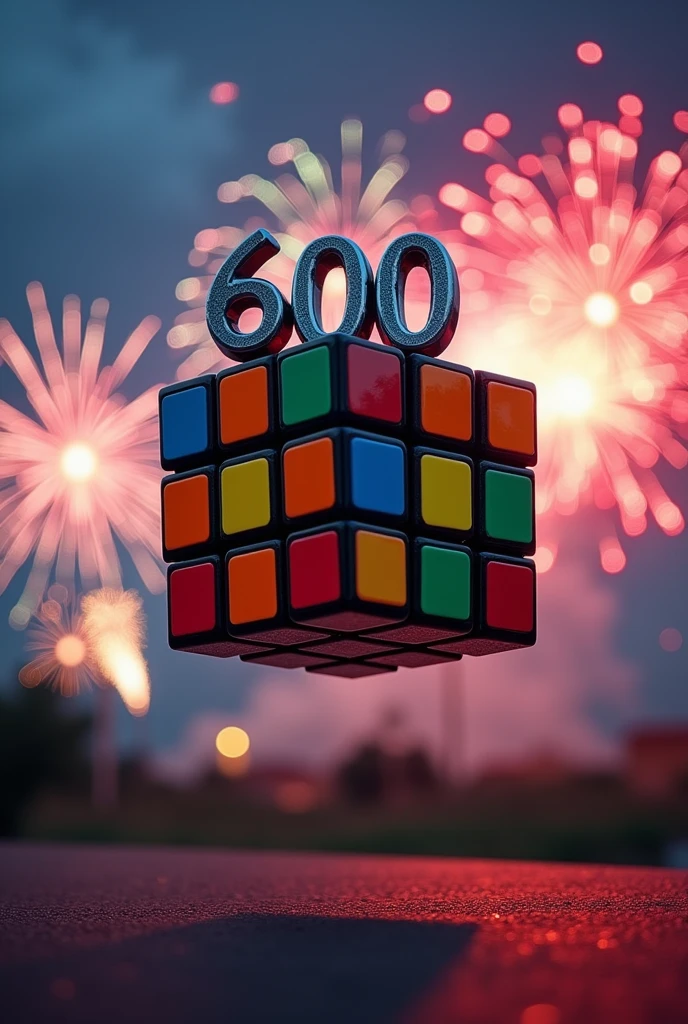 3x3 Rubik's Cube Solved, floating, the number 600 on top of the cube, fireworks in the background