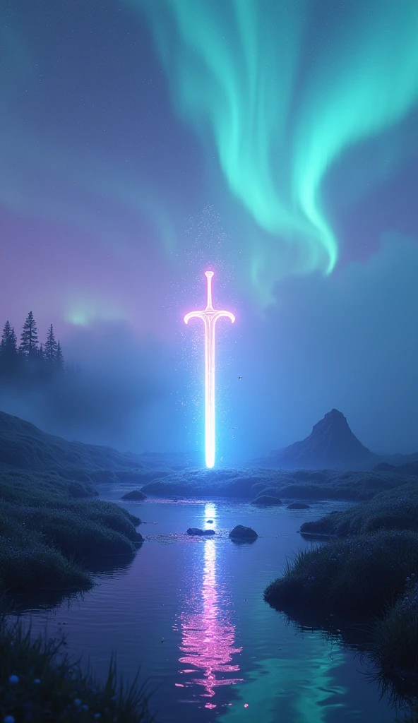 Mysterious fusion of aurora and fog, Holographic coating, Neon light reflection, Mysterious transparency, Absurd Aesthetics, The will-o'-the-wisp floats in the air, Water and Sword