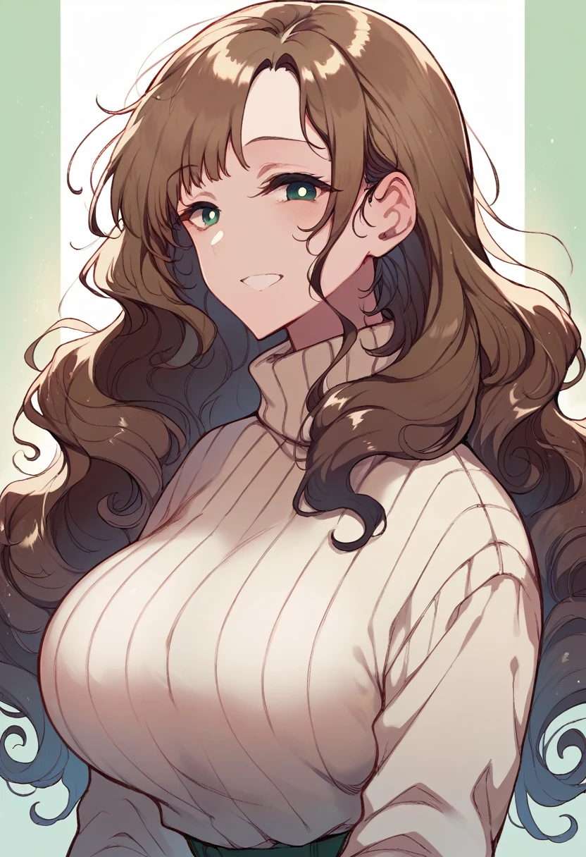 Chestnut brown hair, S-shaped wavy hair, yellow-green eyes, smiling, voluptuous, beige turtleneck, side profile, looking at viewer