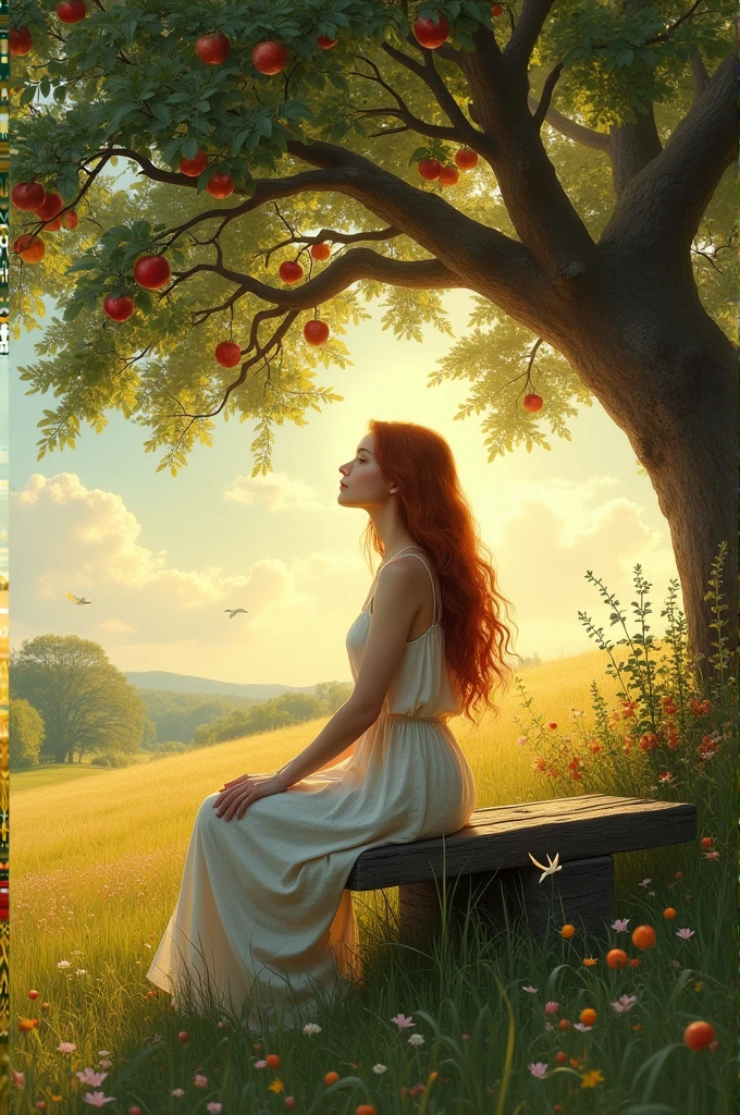 Image of a woman sitting thoughtfully on a rustic wooden bench, under a tree in a field with fruit plants.