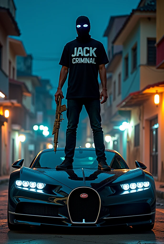 A young man with a mask and white eyes with a presidential weapon on top of a Bugatti in a favela at night and his shirt is crispy and says... Jack The Criminal