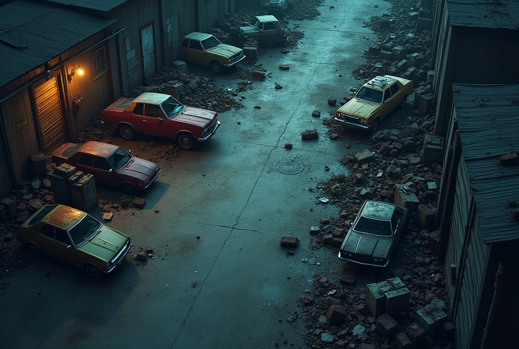 vampire the masquerade, map rpg, ((Map of a large junkyard, seen from afar, and piles of broken and rusty old cars.), game art, birdseye straight top-down shot from a drone, battlemap, current modern theme, seen from above, role-playing game, empty location, nighttime environment, (with realistic proportions and textures, intricate details, handdrawn, vibrant, cinematic lighting, masterpiece, 8k:1.2)