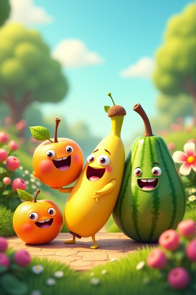 banana,tangerine,apple and melon cartoon