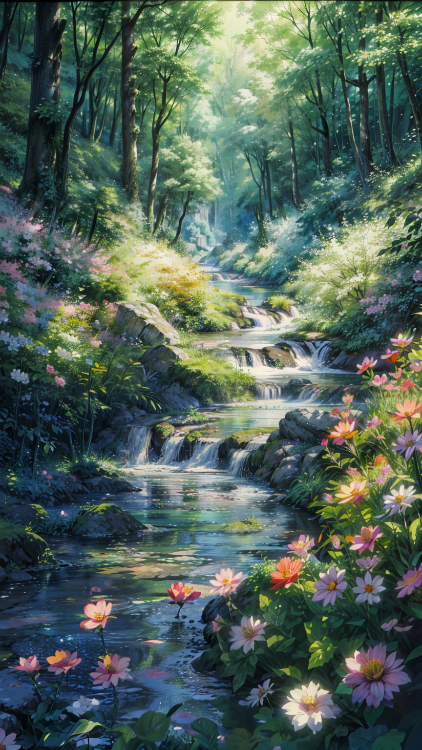 A stream flowing through a lush forest, A gently shining forest stream, flowers and waterfalls, Nature Wallpaper, Anime Nature wallpap, Flow of love and happiness, mark keathley, Water flow, babbling brook, A tranquil and beautiful waterfall, Anime Nature, small Water flow, Magical forest background, Flowers of a vast green valley, dream scenery art, Lush tree々Flowers, 4k hd,, Beautiful Art UHD 4K, Beautiful artwork illustration, Beautiful digital painting, Highly detailed digital painting, Beautiful digital art, Detailed painting 4k, Highly detailed digital painting, Rich, picturesque colors, Gorgeous digital painting