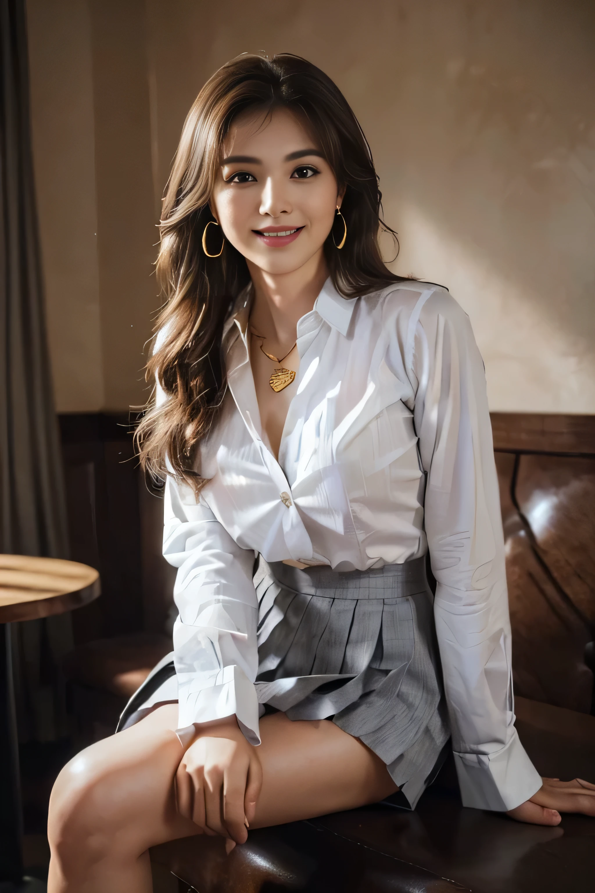 ((Beautiful girl:1.3)) Highest quality,masterpiece,Ultra-high resolution,(Realistic:1.4),RAW Photos,(Real skin texture:1.3),(Film Grain:1.3),Panorama,Portraits,Very wide shot,Tight waist,Cowboy Shot,(In the Dark, Deep Shadow, Modest, Cold Light,) night,(()),Tears flow,,Dust,Tyndall effect,(Performance),One person,Beautiful and detailed eyes and face,White Jabot,Brown eyes,((Brown Hair:1.2)) ((whole body:1.3)) ((smile:1.3))((Super long brown hair:1.2)),((Hair with loose waves inside:1.2)),((gold necklace_Large earrings:1.2)),((shy smile:1.3)),((mideum breasts:1.3)),,((full body portrait:1.4)),((In a crowded café at dusk:1.3))((Place your left hand gently on your chin,right hand holding chest:1.3)),((Sitting elegantly with crossed legs:1.5))((chest thrusting pose, chest bragging pose:1.4)), ((white long sleeve button up blouse,_grey pleated mini skirt,Put the shirt inside the skirt:1.3)), ((hands in front of my feet:1.3)),