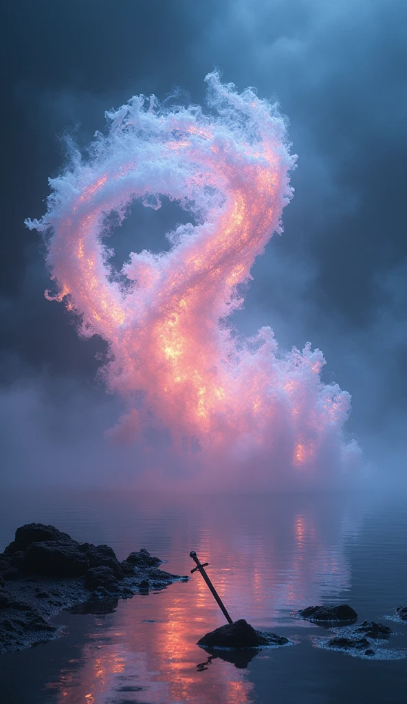 Mysterious fusion of aurora and fog, Holographic coating, Neon light reflection, Mysterious transparency, Absurd Aesthetics, The will-o&#39;-the-wisp floats in the air, Water and Sword