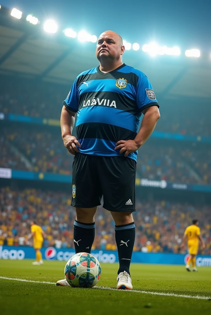 Create a video of a chubby 20 year old guy, bald and a Grêmio fan of 1,75cm scoring a bicycle kick goal