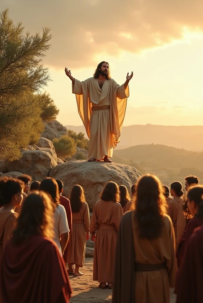 Jesus cristo estilo background realista , on the mount of olives preaching to the crowd , maintaining the characteristics of the era scale 9.16