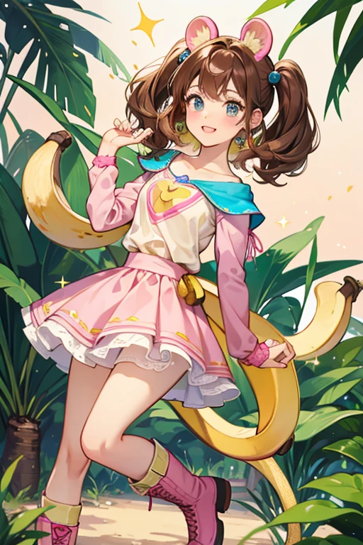 Merit is a beige doll with monkey ears and tail; she has brown hair.
She wears a pink and yellow top with a blue skirt decorated with bananas.
She wears pink hiking boots. SPARKLE; GLITTER