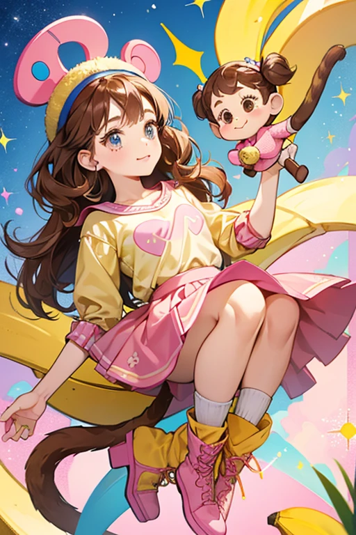 Merit is a beige doll with monkey ears and tail; she has brown hair.
 She wears a pink and yellow top with a blue skirt decorated with bananas.
She wears pink hiking boots.  SPARKLE; GLITTER