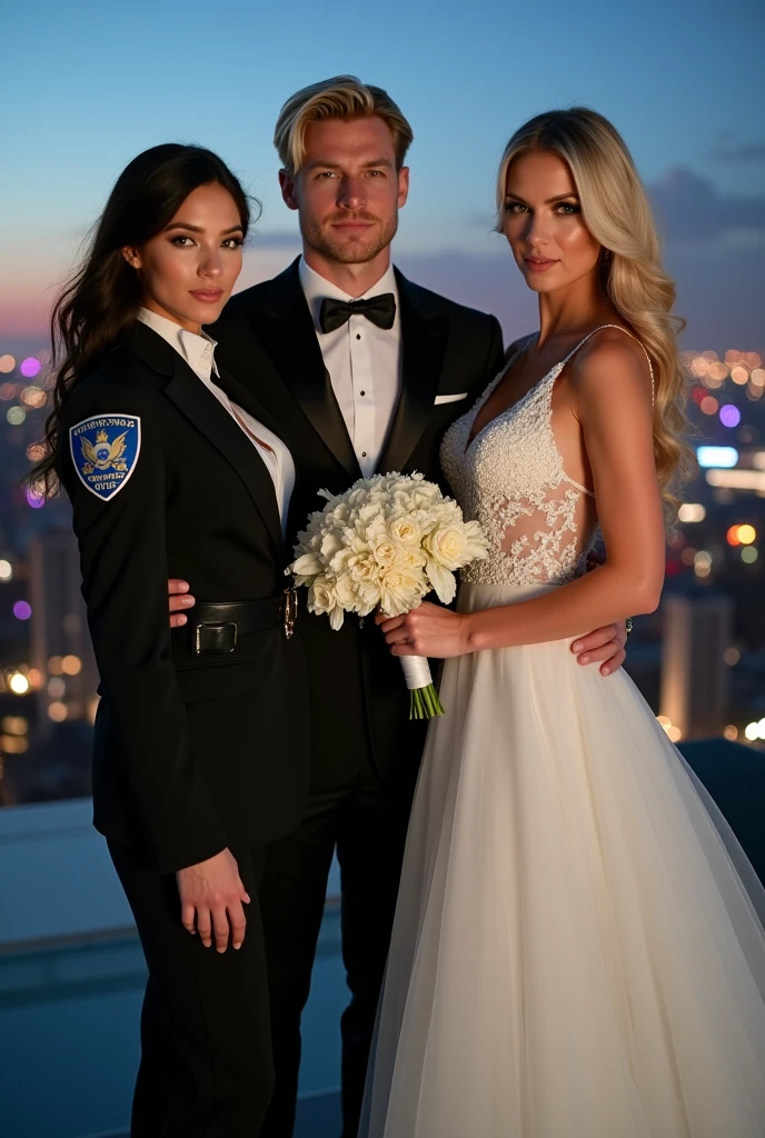 Create for me the image of a man with blond features he is a strong young man with a square and muscular face he is a ceo, He is with a woman on each side, one dressed as a bride is blonde and the one with black hair is dressed as a sexy police officer.
