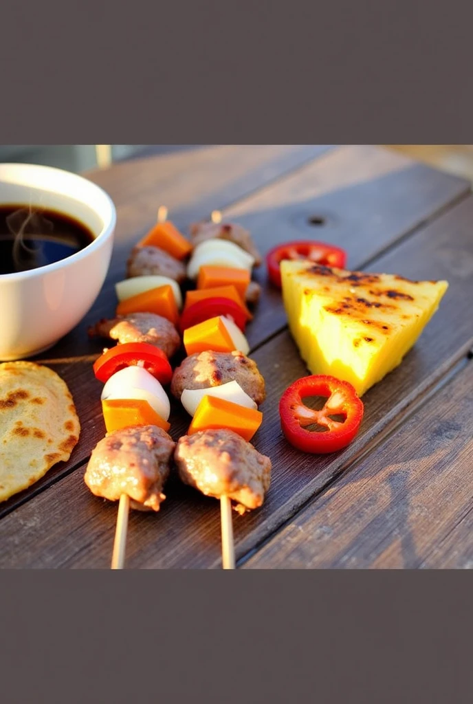 A cup of black coffee with a skewer with 4 pieces of pork and between each piece of meat there must be a carrot, sweet chili and onion , with a small 10-centimeter tortilla and a small 5-centimeter triangle of grilled pineapple