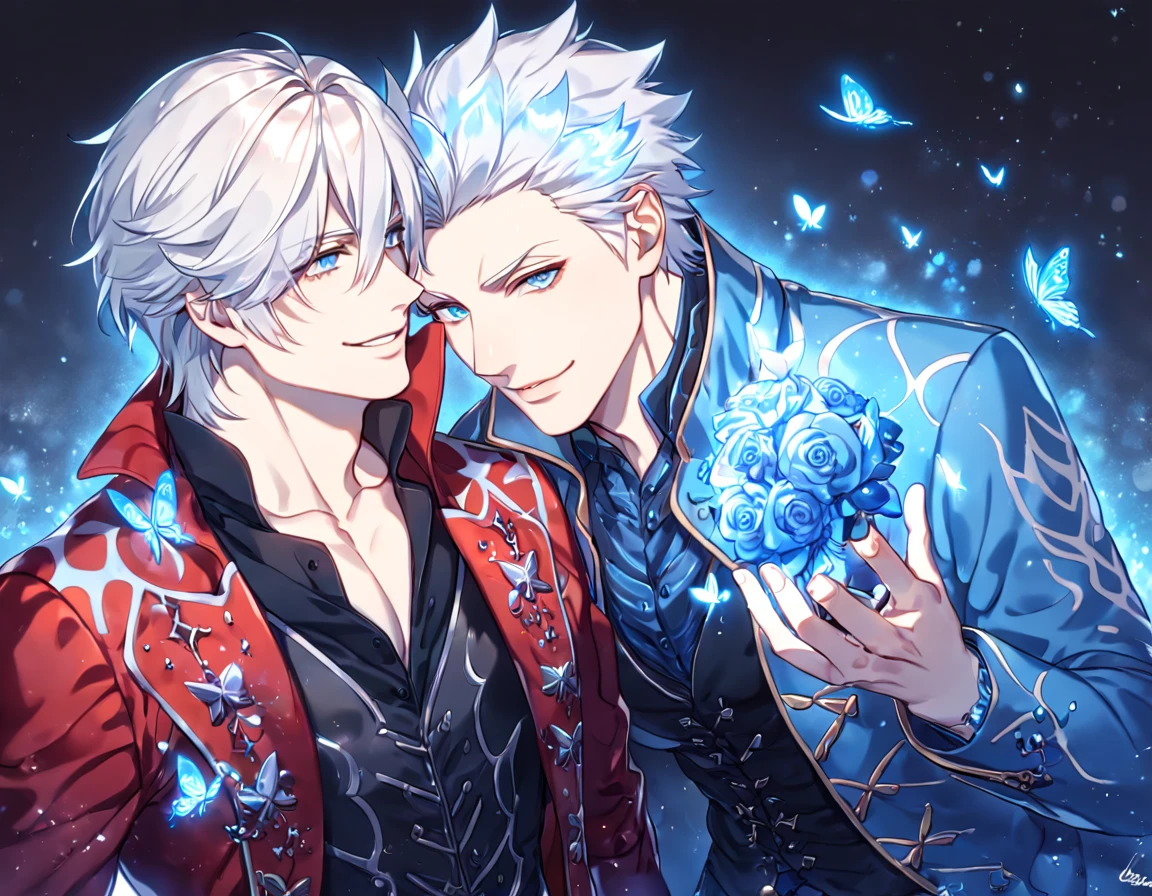 absurdres, highres, ultra detailed, HDR, master piece, best quality, Vergil, white hair, expressive blue eyes, Devil May Cry, Dante, white hair, expressive blue eyes, two sexy men together, yaoi, gay couple, handsome, smile, manly man, red coat, black vest, unbuttoned, blue coat, magical, fantasy, under a blue tree, blue flames, blue moon, blue fireflies, blue roses, blue butterflies, glass magic