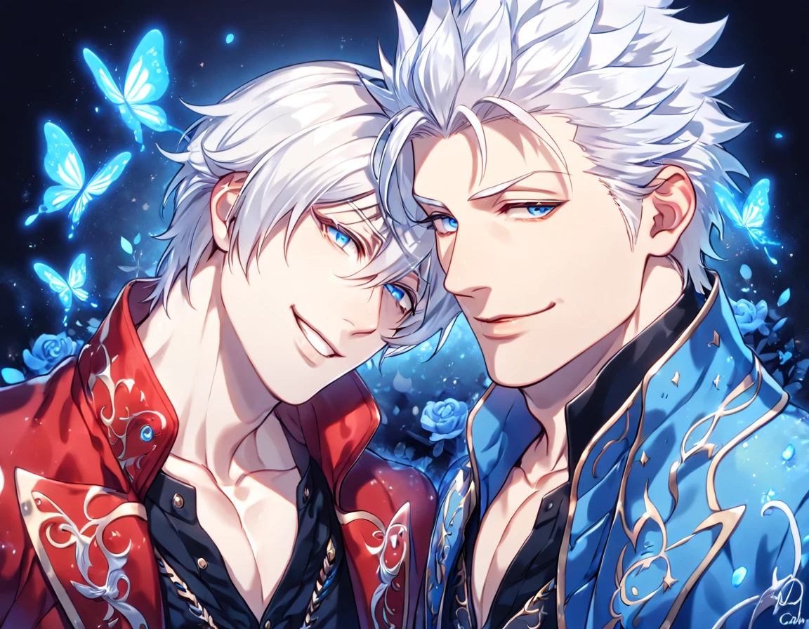 absurdres, highres, ultra detailed, HDR, master piece, best quality, Vergil, white hair, expressive blue eyes, Devil May Cry, Dante, white hair, expressive blue eyes, two sexy men together, yaoi, gay couple, handsome, smile, manly man, red coat, black vest, unbuttoned, blue coat, magical, fantasy, under a blue tree, blue flames, blue moon, blue fireflies, blue roses, blue butterflies, glass magic