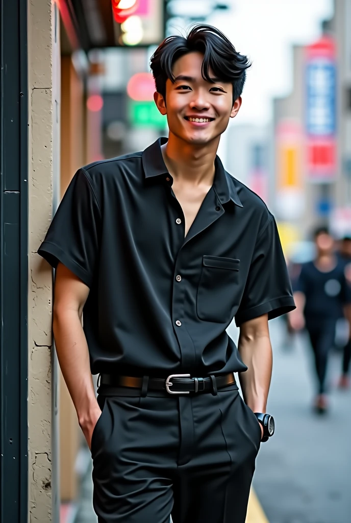 Handsome、One Japan Man,High resolution, 24-years-old、refreshing、A kind smile、Gaze, Korean mash center part karma perm nuance perm wolf hairstyle,Black Hair,Very detailed, Very detailed, Simple Background, Leaning against a wall on a street corner in Osaka、Face facing the camera,Role Model is、Sato Shori of timelesz, Big, wide eyes and double eyelids、A straight, high nose、 Clear and pretty lips、Beautiful egg-shaped outline、Long eyelashes、Childish and cute impression、Height: 175cm,Moderately muscular build,Dress in a monotone outfit、Black short sleeve open collar shirt with tapered black trousers