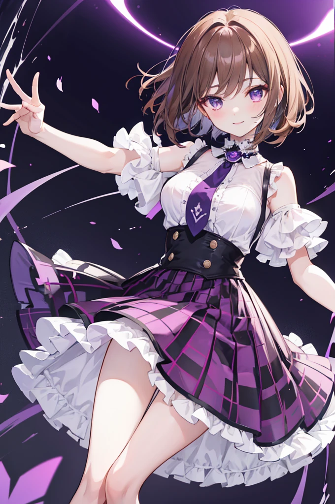 초상화, Face_through_torso, A globally popular idol girl. She has short, light brown bob hair (similar to the shade in the provided image) and purple eyes. She is wearing a white short-sleeve shirt, a short tie with a purple background and white intersecting stripes, and a dark purple and black checkered skirt. She has frilled wrist decorations and a bright, open-mouthed smile.