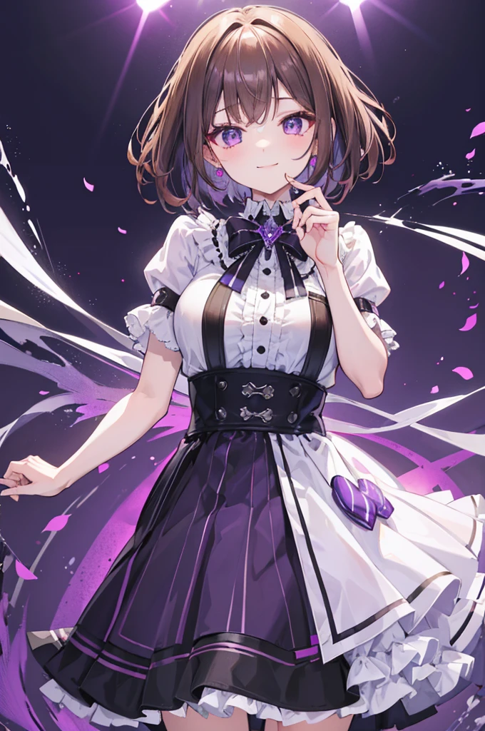 초상화, Face_through_torso, A globally popular idol girl. She has short, light brown bob hair (similar to the shade in the provided image) and purple eyes. She is wearing a white short-sleeve shirt, a short tie with a purple background and white intersecting stripes, and a dark purple and black checkered skirt. She has frilled wrist decorations and a bright, open-mouthed smile.