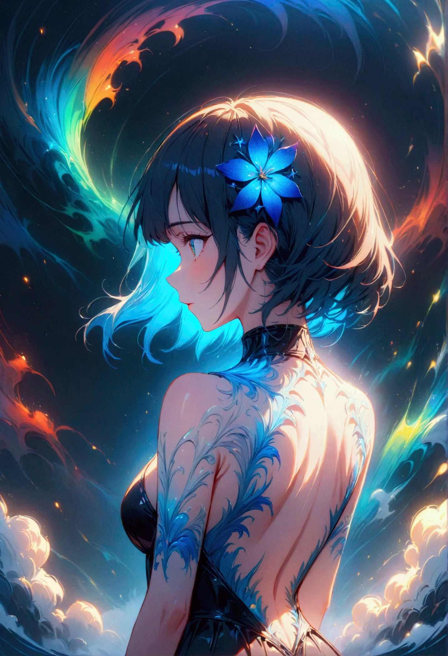 fog, colorfully, cinematic lighting, (work of art:1.2), best qualityer, high qualiy, high resolution, (hyper detailled), detailed back ground, 1 girl,