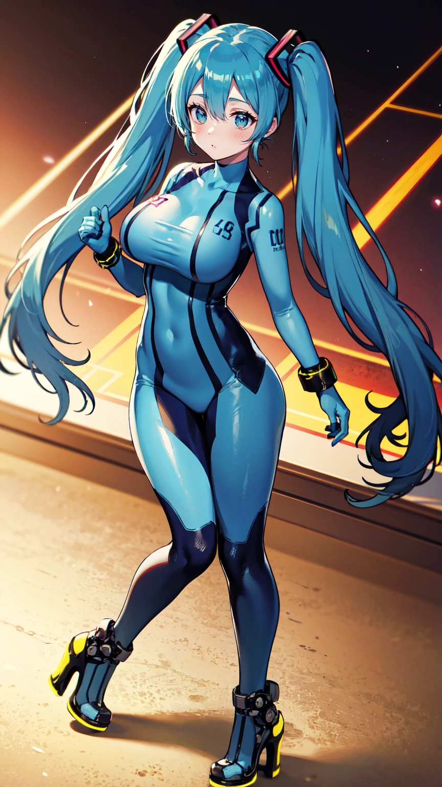 masterpiece, Hatsune Miku Vocaloid, Twin tails, Bright Blue Eyes, Light blue hair, ((Pichi Pichi body suit)), cyber punk, High heels, ((Ultimate toned physique)), Beautiful Eyes, ((Big Breasts)), 8k CG, Highest quality, Best image quality,