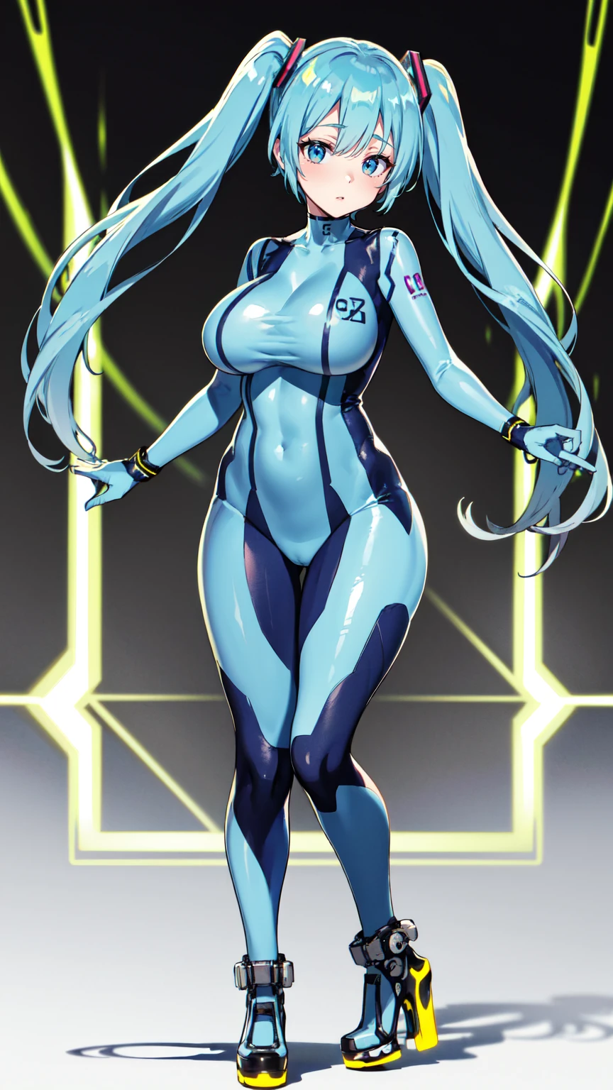 masterpiece, Hatsune Miku Vocaloid, Twin tails, Bright Blue Eyes, Light blue hair, ((Pichi Pichi body suit)), cyber punk, High heels, ((Ultimate toned physique)), Beautiful Eyes, ((Big Breasts)), 8k CG, Highest quality, Best image quality,