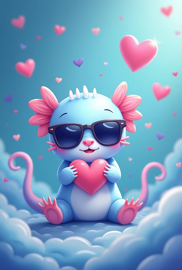 Kawaii light blue axolotl with dark glasses holding a heart, with blue background and hearts in the background, all in the range of blues, pink and purple