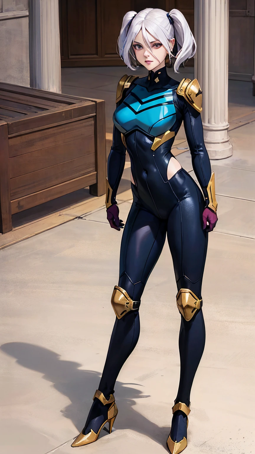 ((Full body photo, standing, on the floor)) highly detailed, best quality, photography, Rogue from X-men, absurdness, beautiful face (detailed eyes, deep eyes) 1woman, brown and white hair, twin tails, magenta eyes, short, wide hips, curvy, toned muscles (n7armor) inside a spaceship