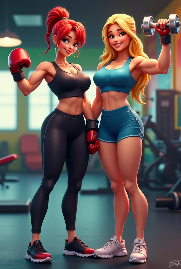 "Create two female avatars with distinct characteristics. Both must be wearing gym clothes and making a strength sign with one arm.. The first woman should be a little shorter, redhead with boxing gloves on her hands. The second one should be higher, blonde, without gloves and with gym dumbbells in his hand