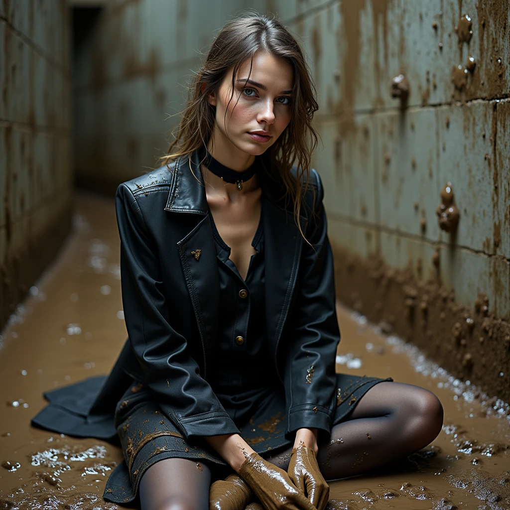 Please use only cotton classic business skirt and cotton business jacket for enhance the photo. She is dressed in black muddy business pencil skirt, black muddy business jacket. dirty shirt, torn stockings, black choker on the neck. She located in muddy and flooded building basement. Her all clothes, business pencil skirt and business jacket are covered in liquid mud and sperm. She look like have played in mud in a large swamp with brown liquid mud, their clothes covered with liquid mud from head to toe. Her clothes is completely stained with liquid mud and streaks from it, which has flows down from their jacket, shirt to their skirt, creating a messy and sloppy appearance. She is sitting on the mud in flirtatious, provocative and sexy pose, but fully clothed in business skirt suit and smear a lot of mud on own clothes.