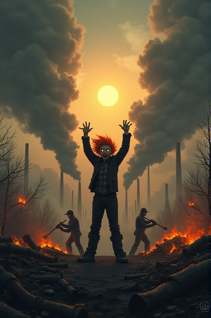 A devastated landscape. Factories emitting black smoke into the sky, Workers cutting down trees and burning fuel. In the midst of chaos, POPS UP **Ignis**, with a mischievous smile, raising arms in triumph