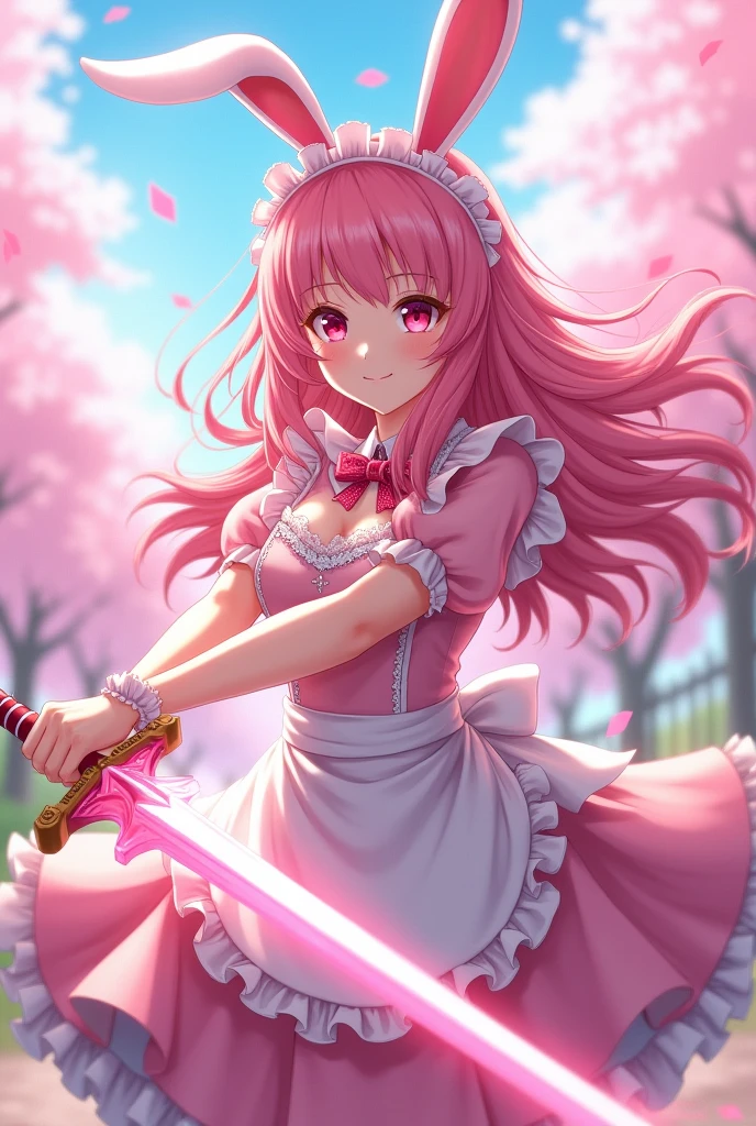 anime girl, pink hair, pink bunny ears, pink eyes, and pink fighting with a pink sword   maid outfit with big busts 