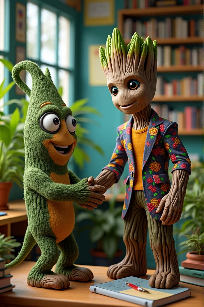 Mr Groot dressed as a teacher shaking hands with a marijuana leaf 