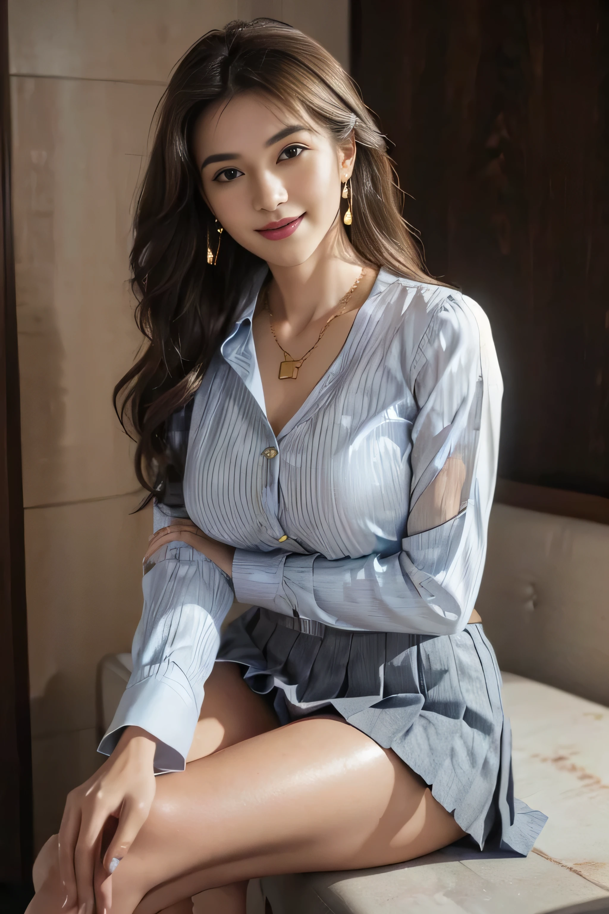 ((Beautiful girl:1.3)) Highest quality,masterpiece,Ultra-high resolution,(Realistic:1.4),RAW Photos,(Real skin texture:1.3),(Film Grain:1.3),Panorama,Portraits,Very wide shot,Tight waist,Cowboy Shot,(In the Dark, Deep Shadow, Modest, Cold Light,) night,(()),Tears flow,,Dust,Tyndall effect,(Performance),One person,Beautiful and detailed eyes and face,White Jabot,Brown eyes,((Brown Hair:1.2)) ((whole body:1.3)) ((smile:1.3))((Super long brown hair:1.2)),((Hair with loose waves inside:1.2)),((gold necklace_Large earrings:1.2)),((shy smile:1.3)),((mideum breasts:1.3)),,((full body portrait:1.4)),((In a crowded café at dusk:1.3))((Place your left hand gently on your chin,right hand holding chest:1.3)),((Sitting elegantly with crossed legs:1.5))((chest thrusting pose, chest bragging pose:1.4)), ((blue long sleeve button up blouse_white stripe_grey pleated mini skirt,Put the shirt inside the skirt:1.3)), ((hugging my legs:1.3)),