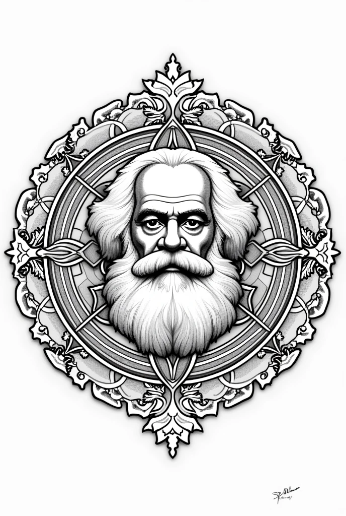 Karl Marx mandala to color in black and white with thin lines