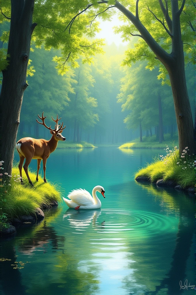 Painting of a lake surrounded by forest, a swan in the water and a deer drinking water from the lake