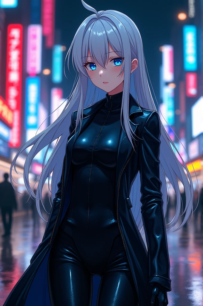 White haired anime girl with black hair, blue eyes, spy suit