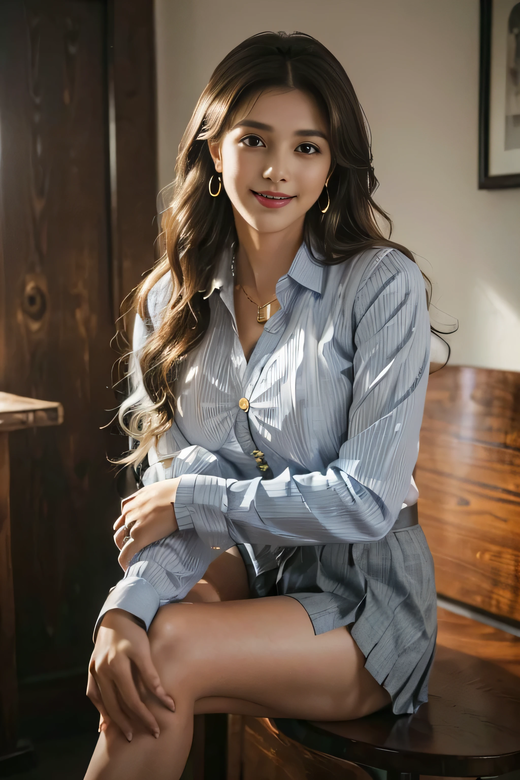 ((Beautiful girl:1.3)) Highest quality,masterpiece,Ultra-high resolution,(Realistic:1.4),RAW Photos,(Real skin texture:1.3),(Film Grain:1.3),Panorama,Portraits,Very wide shot,Tight waist,Cowboy Shot,(In the Dark, Deep Shadow, Modest, Cold Light,) night,(()),Tears flow,,Dust,Tyndall effect,(Performance),One person,Beautiful and detailed eyes and face,White Jabot,Brown eyes,((Brown Hair:1.2)) ((whole body:1.3)) ((smile:1.3))((Super long brown hair:1.2)),((Hair with loose waves inside:1.2)),((gold necklace＿Large earrings:1.2)),((shy smile:1.3)),((mideum breasts:1.3)),,((full body portrait:1.4)),((In a crowded café at dusk:1.3))((Place your left hand gently on your chin，right hand holding chest:1.3)),((Sitting elegantly with crossed legs:1.5))((chest thrusting pose, chest bragging pose:1.4)), ((blue long sleeve button up blouse_white stripe_grey pleated mini skirt,Put the shirt inside the skirt:1.3)), ((hugging my legs:1.3)),  　　

