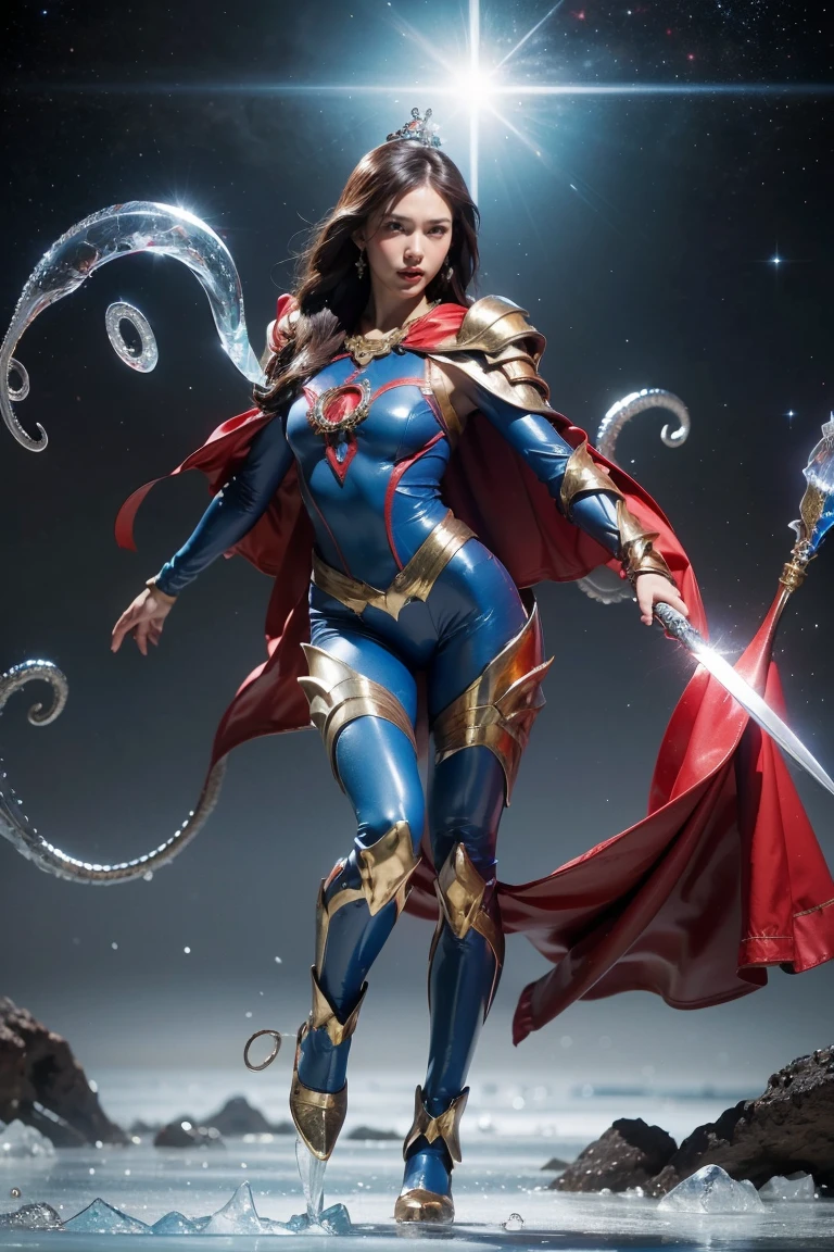Highest quality, masterpiece, Realistic, High resolution, 8K RAW Photos, 1 person、Long Hair、goddess、Has a decorated sword、Raise your sword、((Glamour body:1.3))、(Blue bodysuit with ice motif、Gold Edge、Red Cape)、Silver Pendant、Silver earrings、(((Action pose)))、(On the ice of a planet where Mercury is visible)、(Many ice crystals floating in the starry sky）、Tentacle Shield、Tentacle Missile、Tentacle Sword、Tentacle Armor、Octopus、attack with tentacles
