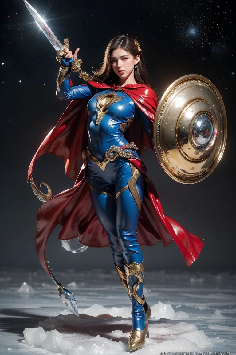 Highest quality, masterpiece, Realistic, High resolution, 8K RAW Photos, 1 person、Long Hair、goddess、Has a decorated sword、Raise your sword、((Glamour body:1.3))、(Blue bodysuit with ice motif、Gold Edge、Red Cape)、Silver Pendant、Silver earrings、(((Action pose)))、(On the ice of a planet where Mercury is visible)、(Many ice crystals floating in the starry sky)、Tentacle Shield、Tentacle Missile、Tentacle Sword、Tentacle Armor、Octopus、attack with tentacles