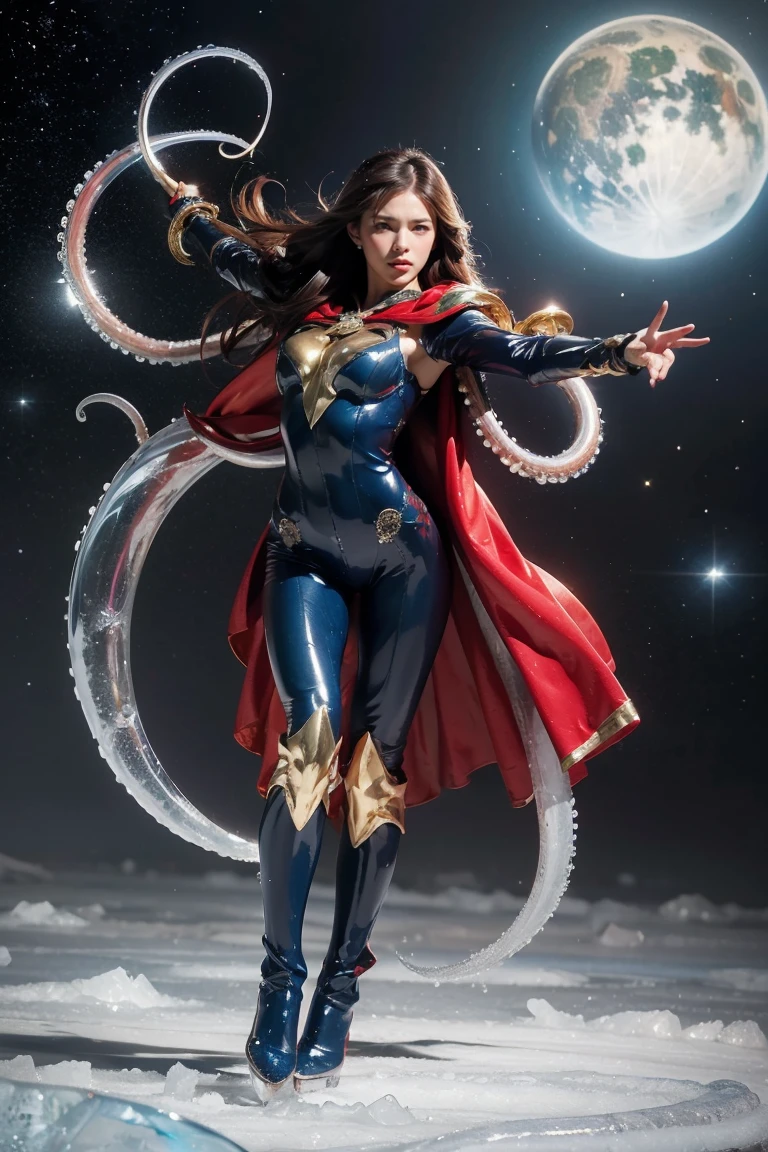 Highest quality, masterpiece, Realistic, High resolution, 8K RAW Photos, 1 person、Long Hair、goddess、Has a decorated sword、Raise your sword、((Glamour body:1.3))、(Blue bodysuit with ice motif、Gold Edge、Red Cape)、Silver Pendant、Silver earrings、(((Action pose)))、(On the ice of a planet where Mercury is visible)、(Many ice crystals floating in the starry sky）、Tentacle Shield、Tentacle Missile、Tentacle Sword、Tentacle Armor、Octopus、attack with tentacles
