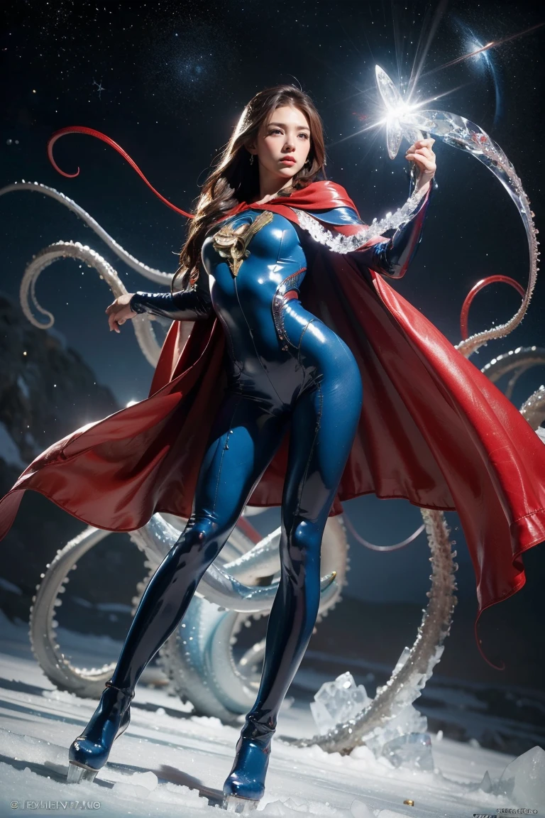 Highest quality, masterpiece, Realistic, High resolution, 8K RAW Photos, 1 person、Long Hair、goddess、Has a decorated sword、Raise your sword、((Glamour body:1.3))、(Blue bodysuit with ice motif、Gold Edge、Red Cape)、Silver Pendant、Silver earrings、(((Action pose)))、(On the ice of a planet where Mercury is visible)、(Many ice crystals floating in the starry sky)、Tentacle Shield、Tentacle Missile、Tentacle Sword、Tentacle Armor、Octopus、attack with tentacles