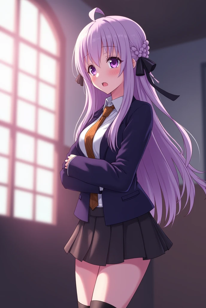 Shy blushing in shocked 18 years old Kyoko Kirigiri from Danganronpa because She wanna tell you She is a futa. Kyoko is a relatively tall, pretty girl with purple eyes and a pale complexion. She wears her lavender hair down and with a braid on the side, tied with a black ribbon. Her outfit consists of a dark purple collared jacket over a white blouse and brown tie, along with a short skirt and heeled knee-high boots. 