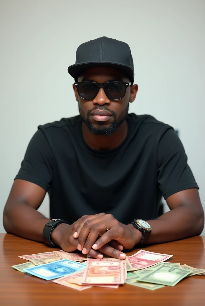 Man sitting at a table with several banknotes, wearing slim sport sunglasses looking forward,with BBS cap,no image background 