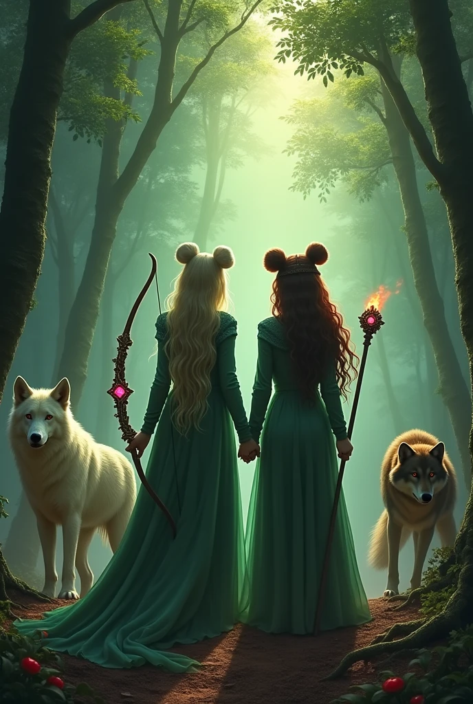 Fantasy book cover. Two witch sisters who are not twins; One of them carries a bow and arrow studded with rubies and her hair is completely loose.; the other carries a staff with an emerald on the tip and has her hair tied in two buns. Two Wolves, one with white fur and red eyes and another with brown fur and black eyes protect them from the group of vampires hiding behind the trees in the background of the image, so that only the red pairs of eyes are visible