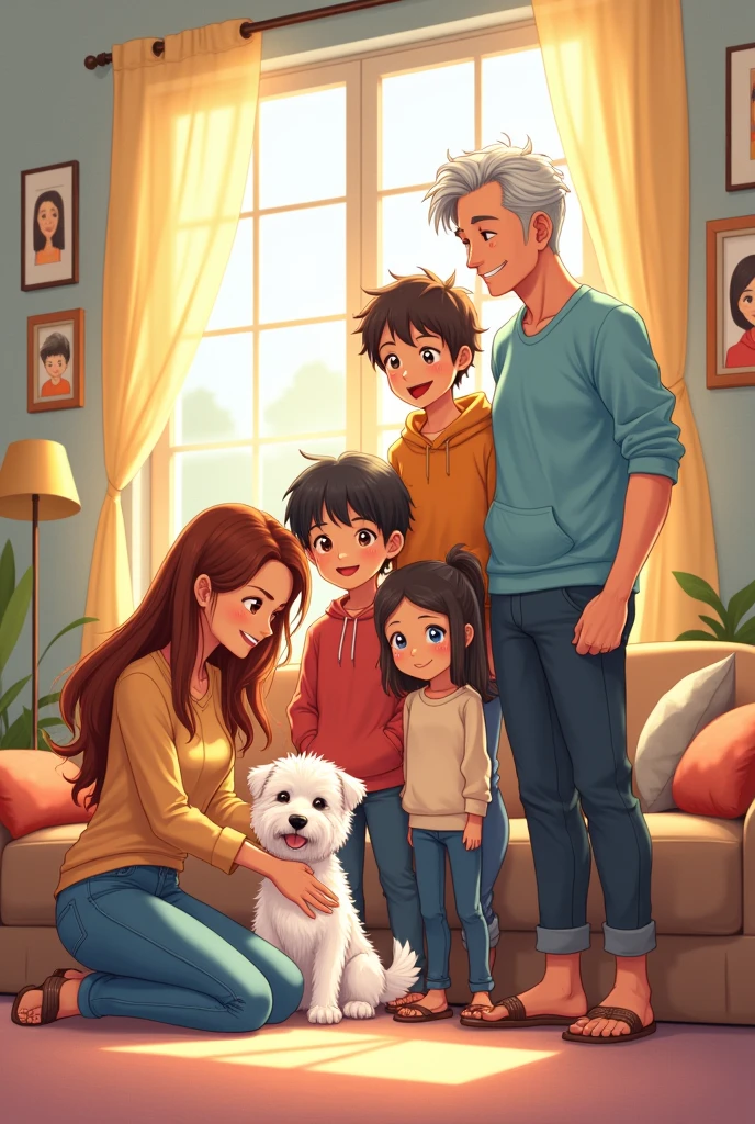 A family of 5 in anime style, a 40 year old mother, a 50 year old dad, a 15-year-old daughter and a 17-year-old son with a white Bichon Maltese dog