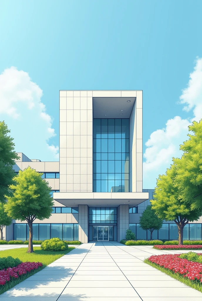 Hello, generate a sketch of the facade of a hospital that has a vertical rectangle in the center and another horizontal one in a more isometric view.